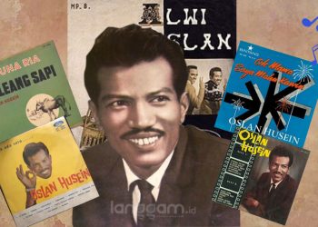 Oslan Husein dan beberapa sampul piringan hitam albumnya. (Foto: album Oslan, Ilustrasi: Pii/Langgam.id)