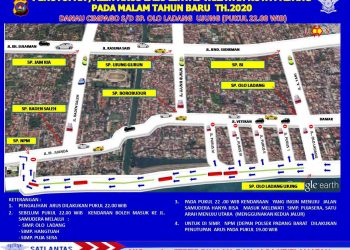 Peta rekayasa lalu lintas yang akan diterapkan di Kota Padang saat pergantian malam tahun baru 2020. (Sumber: Satlantas Polresta Padang)