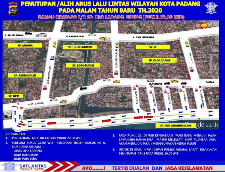 Peta rekayasa lalu lintas yang akan diterapkan di Kota Padang saat pergantian malam tahun baru 2020. (Sumber: Satlantas Polresta Padang)