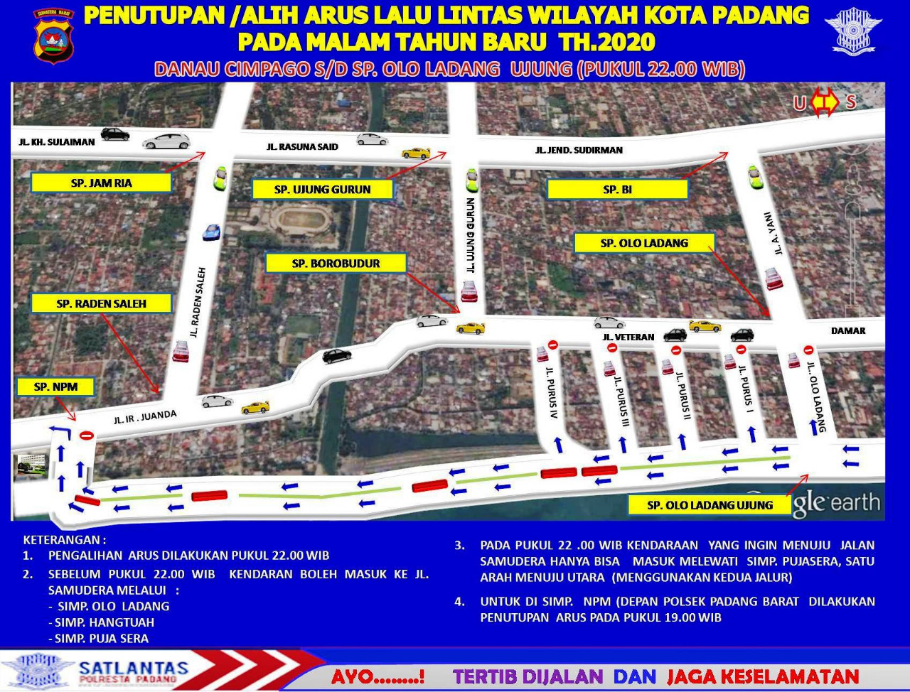 Peta rekayasa lalu lintas yang akan diterapkan di Kota Padang saat pergantian malam tahun baru 2020. (Sumber: Satlantas Polresta Padang)