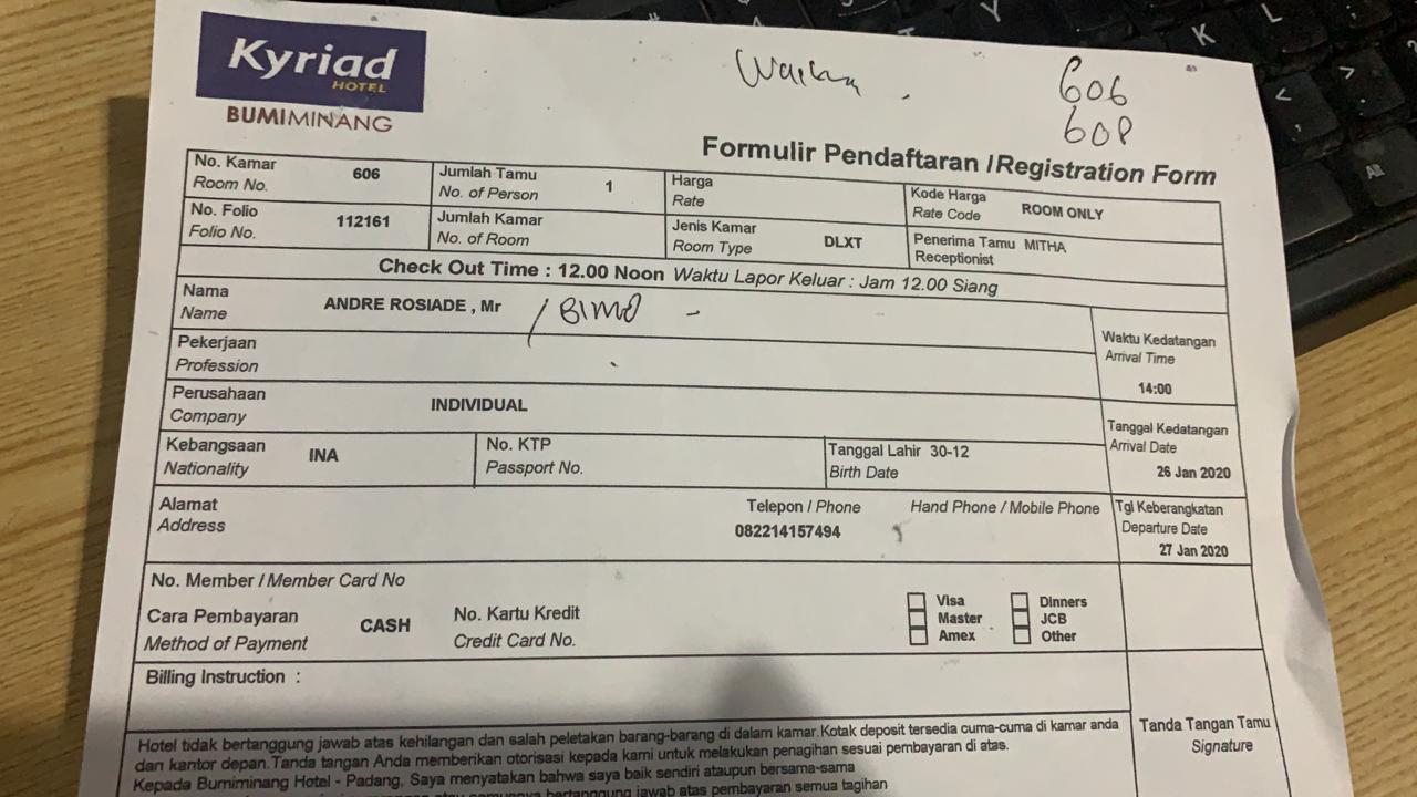 kuitansi pemesanan kamar berujung Bumiminang Diancam Somasi Andre Rosiade