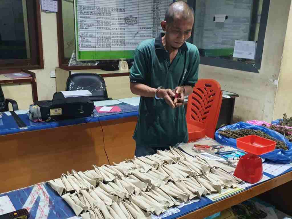 Pengedar narkotika asal Padang yang kedapatan sedang membungkus ratusan paket ganja diringkus polisi. (Foto: Dok.Satresnarkoba Polresta Padang)