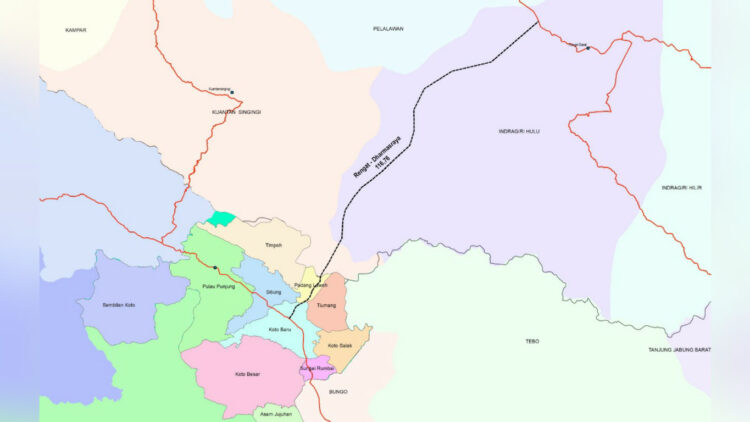 Peta trase jalan antara Dharmasraya dan jalur tol di Riau. (Peta: Dinas PUPR Dharmasraya)