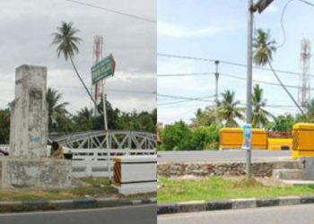 Jembatan lama dan tugu Linggarjati (kiri) dan jembatan baru tanpa tugu (kanan). (Foto: Marsalleh Adaz/Arsip Kota Padang)