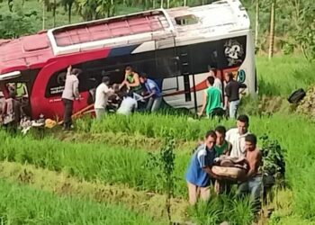Warga terlihat mengevakuasi penumpang bus yang terjun ke sawah di Pasaman. (foto: Jurnalisme Warga)