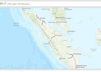 Peta ruas tol Trans Sumatra yang telah beroperasi (warna coklat) dan yang masih proses konstruksi (warna biru). (Peta: BPJT/pu.go.id)