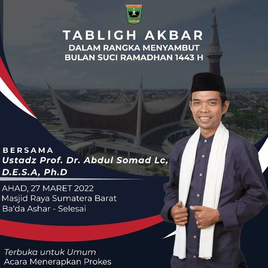 Berita Sumbar terbaru dan terkini hari ini: Sambut Ramadan, Ustaz Abdul Somad bakal ceramah di Masjid Raya Sumbar, Minggu (27/3/2022).