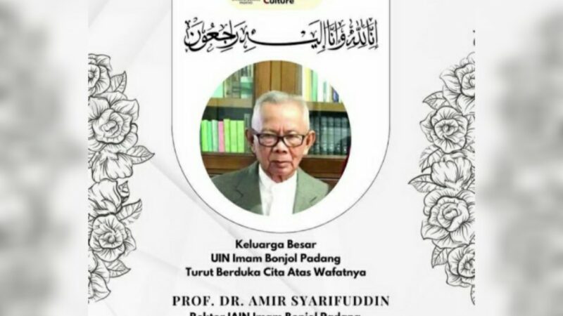 Mantan Rektor IAIN Imam Bonjol Padang tahun 1983-1992, Prof Dr Amir Syarifuddin meninggal dunia pada Rabu (27/12/2023) dalam usia 86 tahun.