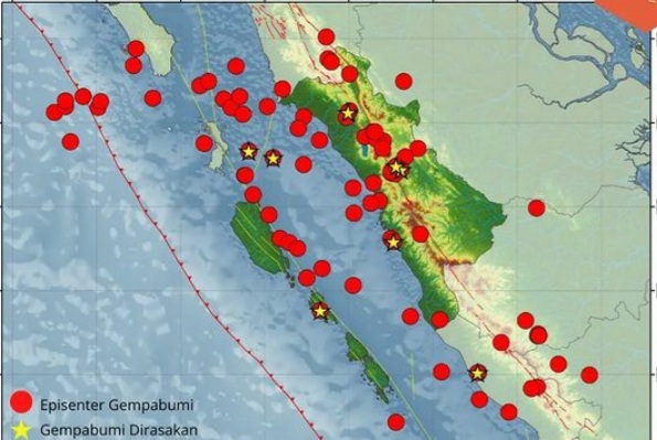BMKG Padang Panjang mencatat, selama Januari 2024 terdapat 87 kali kejadian gempa bumi yang tersebar di wilayah Sumatra Barat (Sumbar)