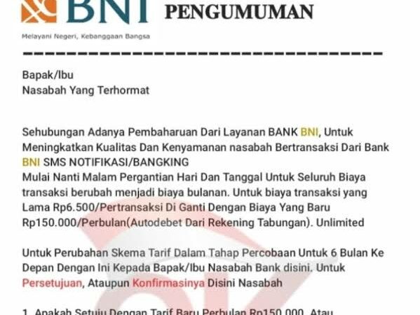 Cek Fakta: Tidak Benar ada Kenaikan Tarif Transaksi BNI yang Disebar melalui WhatsApp