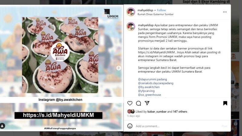 Promo Usaha Gratis di Akun Instagram Mahyeldi Diminati Pelaku UMKM