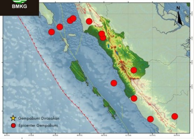 BMKG Padang Panjang melaporkan bahwa selama periode 18-24 Oktober 2024 terdapat 12 kali gempa bumi di wilayah Sumatra Barat dan sekitarnya.