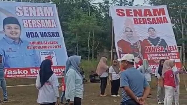 Calon Bupati Dharmasraya, Annisa Suci Ramadhani sambut calon wakil gubernur Sumbar, Vasko Rusaimi di lapangan Grida Manunggal,