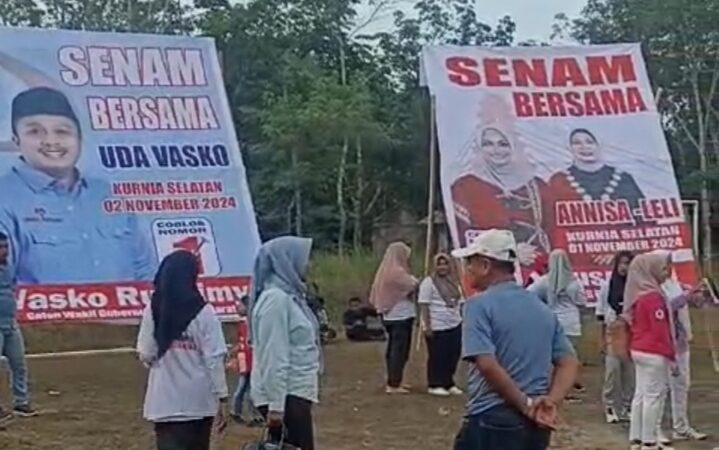 Calon Bupati Dharmasraya, Annisa Suci Ramadhani sambut calon wakil gubernur Sumbar, Vasko Rusaimi di lapangan Grida Manunggal,