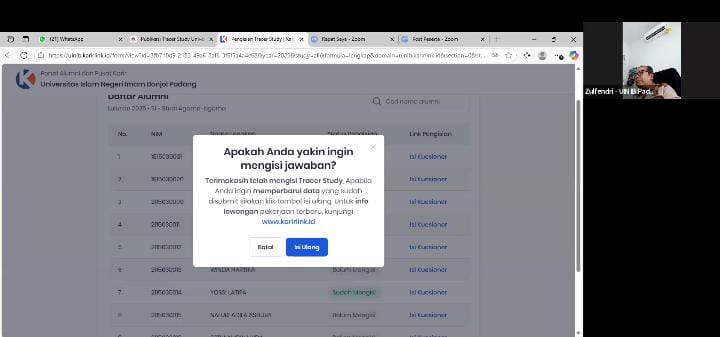 Fakultas Ushuluddin dan Studi Agama (FUSA) UIN Imam Bonjol Padang menggelar sosialisasi pendataan alumni melalui zoom