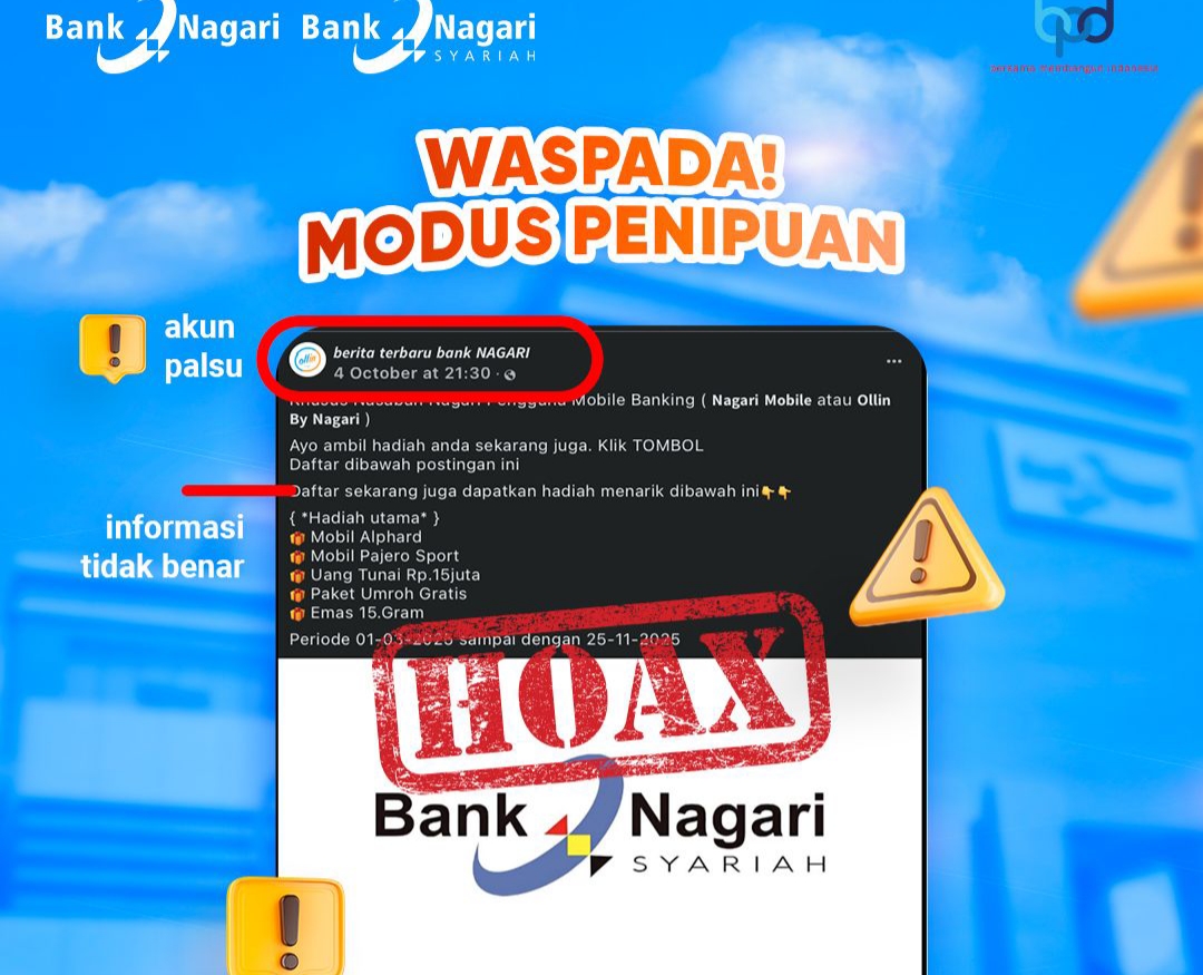 Bank Nagari Ingatkan Nasabah Waspadai Akun Palsu dan Modus Penipuan Undian