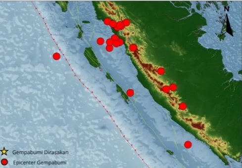 BMKG mencatat terdapat 22 kali gempa bumi di Sumatra Barat (Sumbar) dan sekitarnya pada periode 24-30 Oktober 2025.