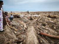 Material banjir bandang berupa kayu bekas penebangan di kawasan pantai Parkit Padang.