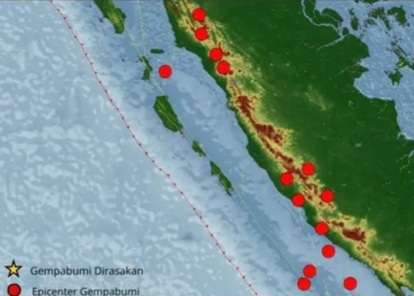 BMKG mencatat 14 kejadian gempa bumi di wilayah Sumatra Barat (Sumbar) dan sekitarnya pada periode 14-20 November 2025.