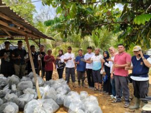 Dinas Pangan dan Perikanan Dharmasraya menyerahkan bantuan bibit ikan, bahan baku pakan, dan peralatan produksi pakan mandiri kepada Kelompok