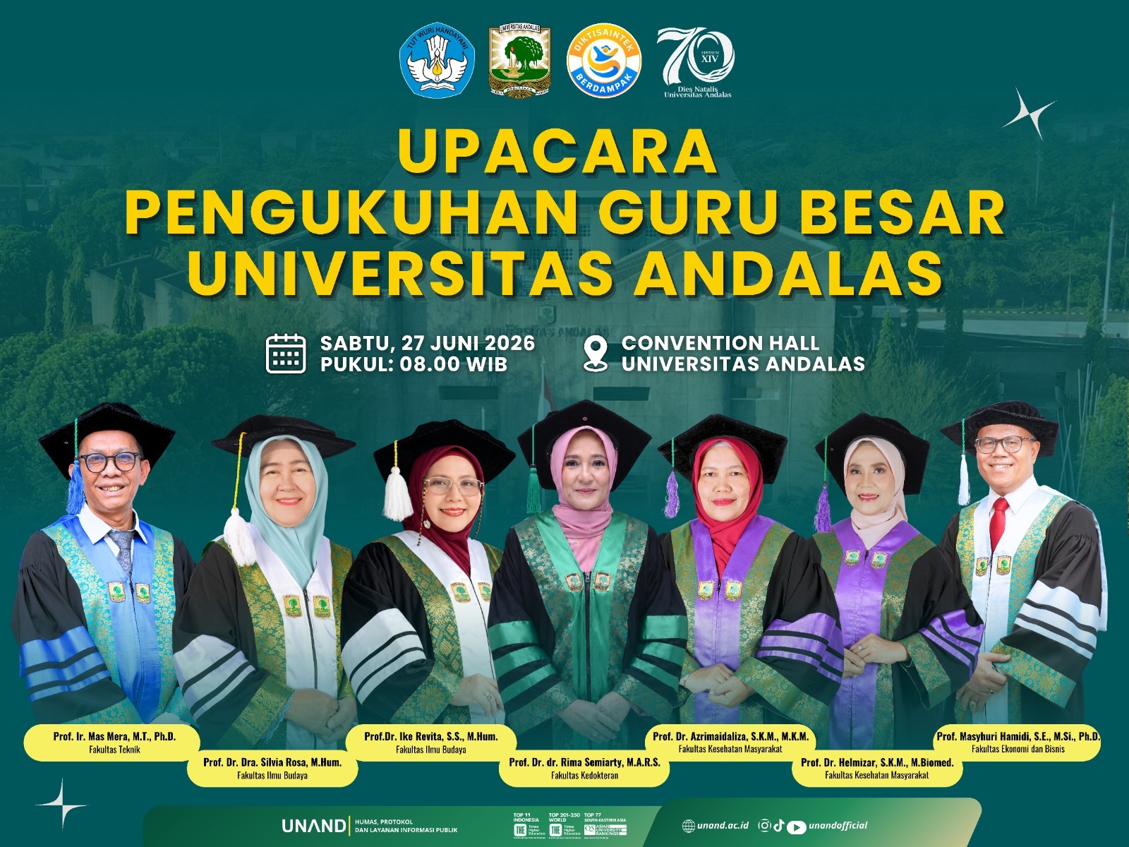 UNAND Kukuhkan 7 Guru Besar Baru, Total Kini Miliki 230 Profesor